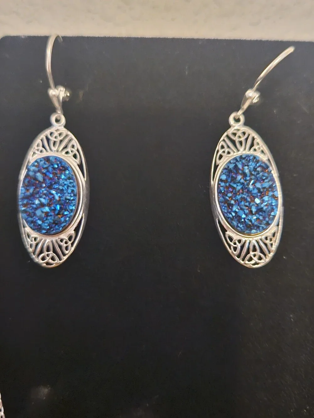 Silver Filigree Blue Druzy Drop Earrings , Chain And Pendent